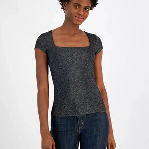 MICHAEL Michael Kors Women’s Metallic Cap-Sleeve Top M Square Neck Shiny Pullove